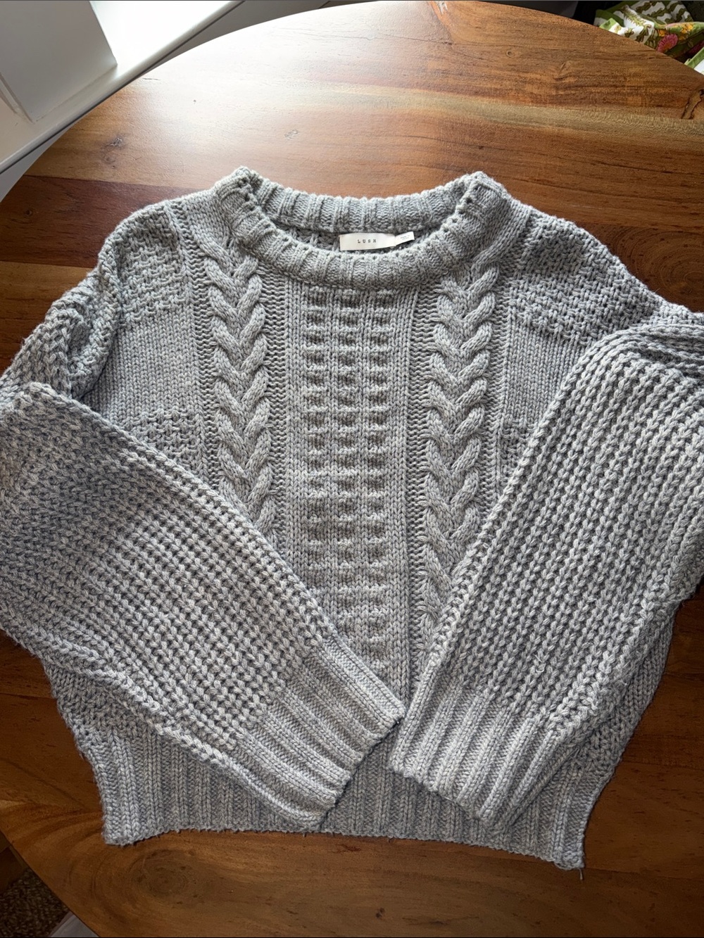 Lush Light Gray Cable Knit Crewneck Sweater